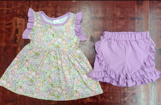 5.17  Preorder moq 5 Baby Girls Sleeveless Floral Tunic Lavender Ruffle Short Set