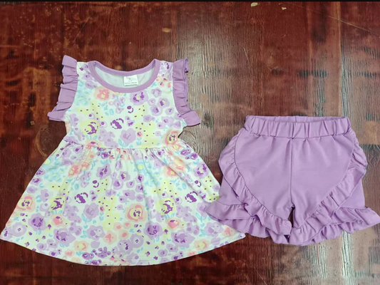 5.17  Preorder moq 5 Baby Girls Sleeveless Lavender Floral Tunic Ruffle Short Set