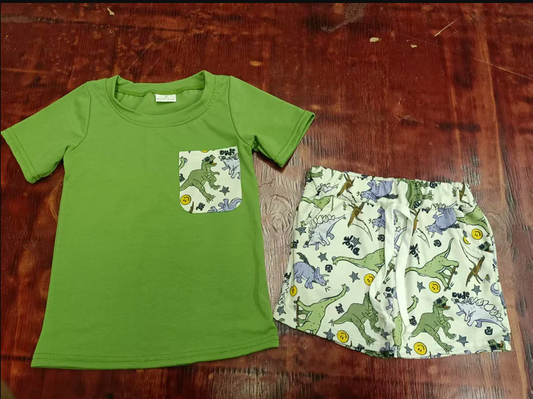 5.17  Preorder moq 5 Baby Boys Green Short Sleeves Pocket Top Dinosaurs Pockets Short Set