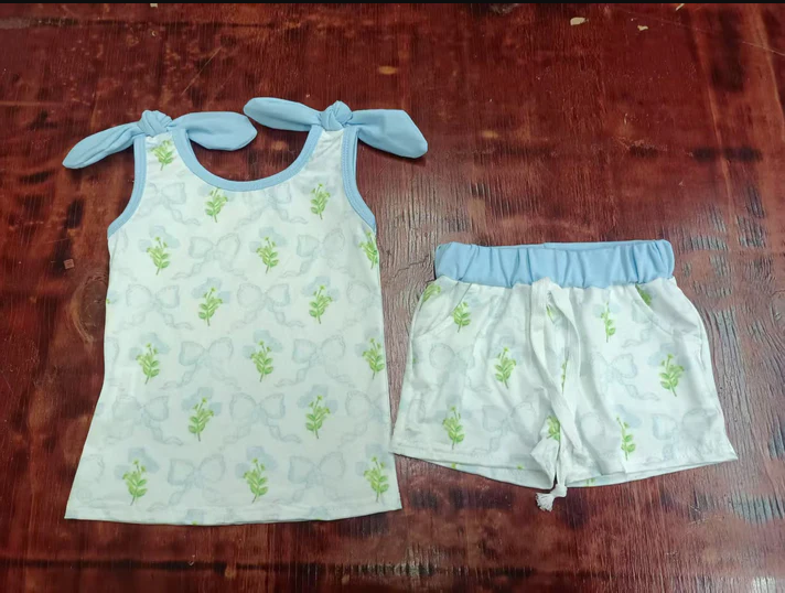 5.17 Preorder moq 5 Baby Girls Blue Strap Bows Floral Top Pockets Short Set