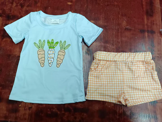 5.17 Preorder moq 5 Baby Boys Blue Short Sleeves Carrots Top Plaid Pockets Short Easter Set