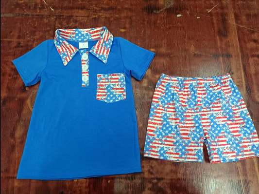 5.17 AIER-1  Preorder moq 5 Baby Boys Blue Short Sleeves Button Pocket Top Stars Short 4th Of July Set
