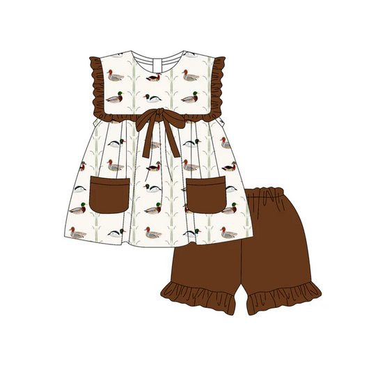5.17 Preorder (moq 5)Baby Girls Dark Brown Sleeveless Ducks Stripe Pockets Tunic Ruffle Shorts Set