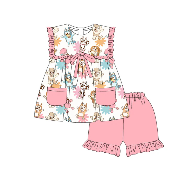 5.17 Preorder (moq 5)Baby Girls Pink Sleeveless Cartoon Dogs Flowers Pockets Tunic Ruffle Shorts Set