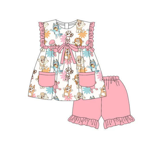 5.17 Preorder (moq 5)Baby Girls Pink Sleeveless Cartoon Dogs Flowers Pockets Tunic Ruffle Shorts Set