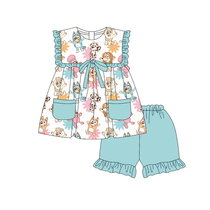 5.17 Preorder (moq 5)Baby Girls Aqua Sleeveless Cartoon Dogs Flowers Pockets Tunic Ruffle Shorts Set