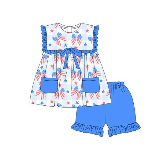 5.17 Preorder (moq 5)Baby Girls Blue Sleeveless Stars Bows Pockets Tunic Ruffle Shorts 4th Of July Set
