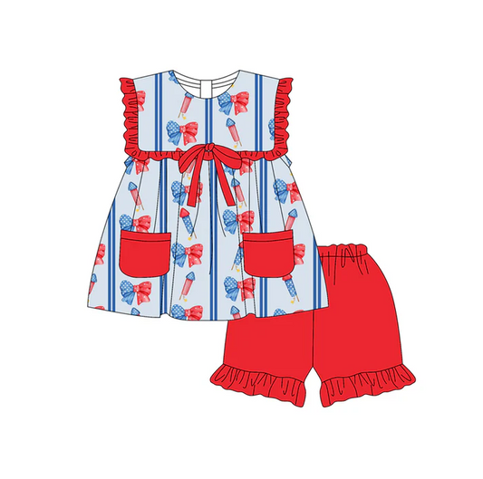 5.17 Preorder (moq 5)Baby Girls Sleeveless Blue Red Fireworks Bows Pockets Tunic Ruffle Shorts 4th Of July Set