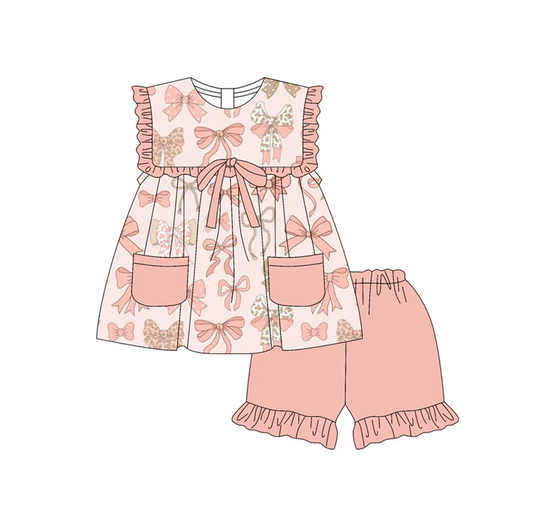 5.17 Preorder (moq 5)Baby Girls Peach Sleeveless Bows Pockets Tunic Ruffle Shorts Set