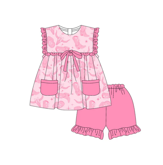 5.17 Preorder (moq 5)Baby Girls Pink Sleeveless Chicks Boots Bull Skulls Pockets Tunic Ruffle Shorts Set