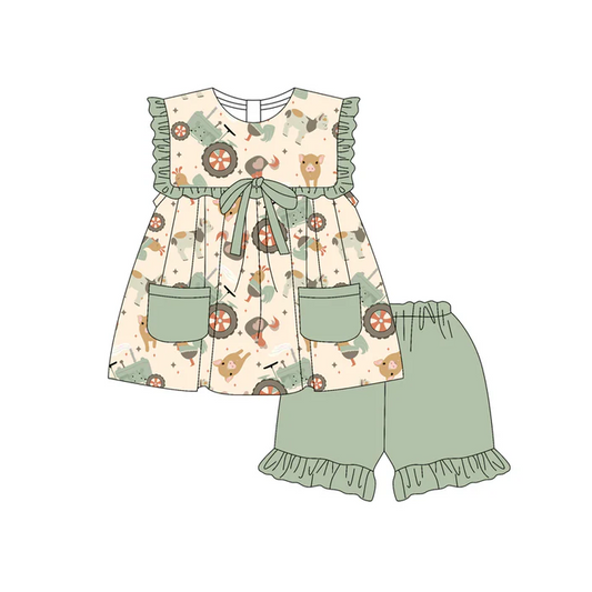 5.17 Preorder (moq 5)Baby Girls Green Sleeveless Chicks Pigs Pockets Tunic Ruffle Shorts Farm Set