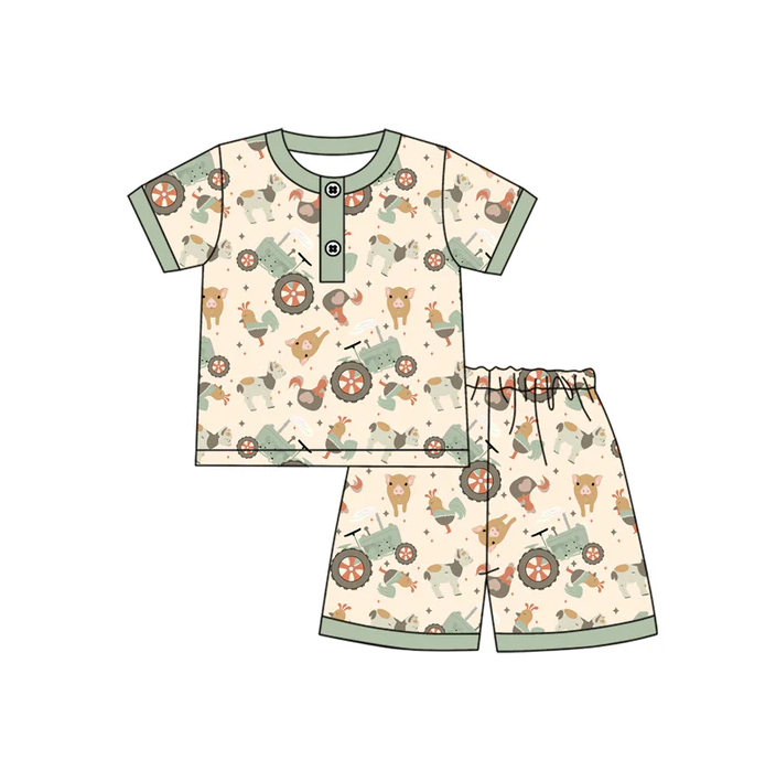 5.17 Preorder (moq 5)Baby Boys Green Short Sleeves Button Chicks Pigs Top Shorts Farm Pajamas Set