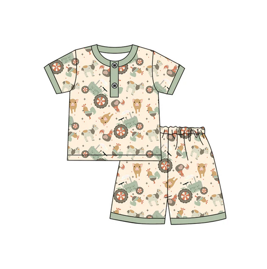 5.17 Preorder (moq 5)Baby Boys Green Short Sleeves Button Chicks Pigs Top Shorts Farm Pajamas Set