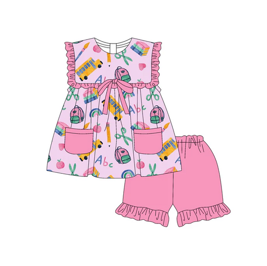 5.17 Preorder (moq 5)Baby Girls Pink Sleeveless Peaches Pencils Pockets Tunic Ruffle Shorts Set