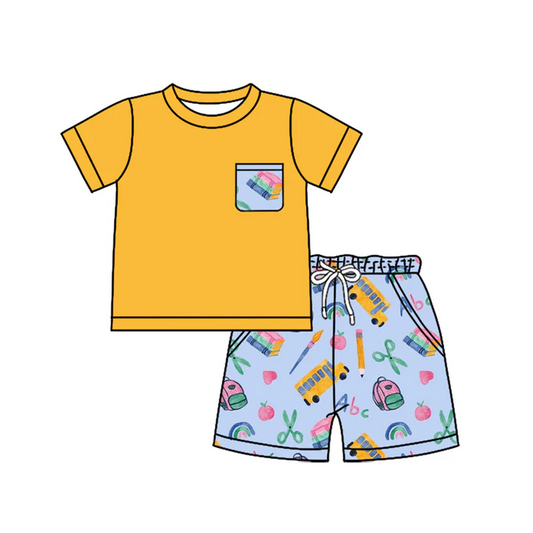 5.17 Preorder (moq 5)Baby Boys Yellow Short Sleeves Pocket Top Peaches Pencils Shorts Set