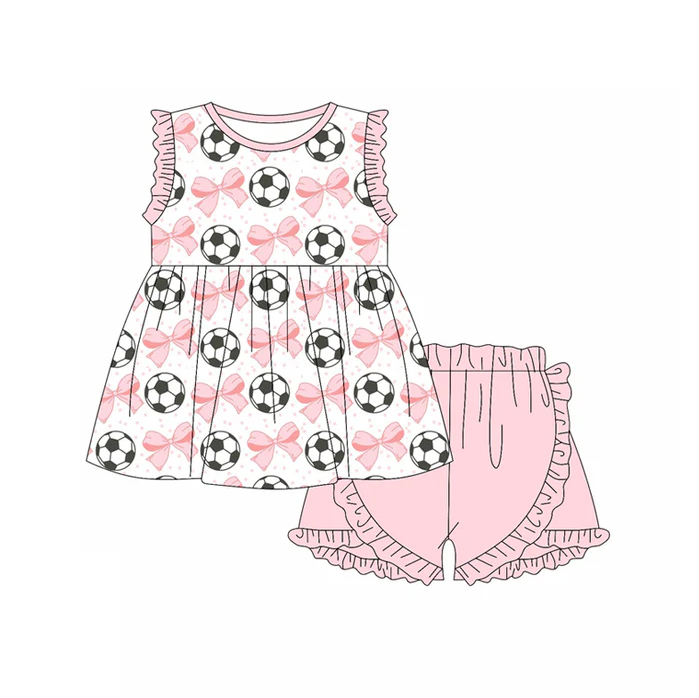 5.17 Preorder (moq 5)Baby Girls Pink Sleeveless Bows Footballs Tunic Ruffle Shorts Set