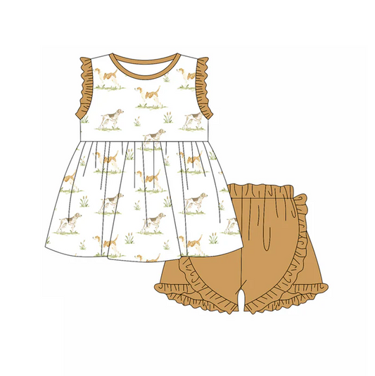 5.17 Preorder (moq 5)Baby Girls Khaki Sleeveless Dogs Tunic Ruffle Shorts Set