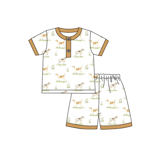 5.17 Preorder (moq 5)Baby Boys Khaki Short Sleeves Button Top Dogs Shorts Pajamas Set