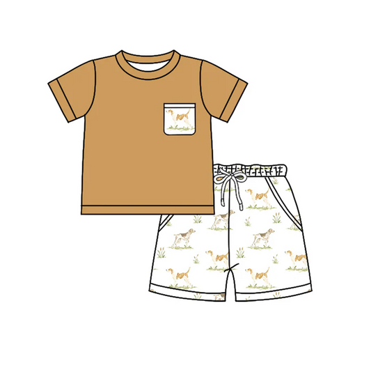 5.17 Preorder (moq 5)Baby Boys Khaki Short Sleeves Pocket Top Dogs Shorts Set