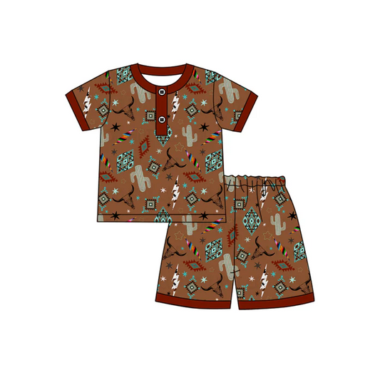 5.17 Preorder (moq 5)Baby Boys Dark Red Short Sleeves Button Cactus Bull Skull Aztec Top Shorts Pajamas Set
