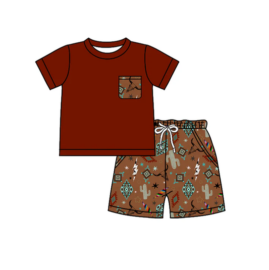 5.17 Preorder (moq 5)Baby Boys Dark Red Short Sleeves Pocket Top Cactus Bull Skull Aztec Shorts Set
