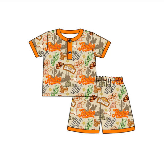 5.17 Preorder (moq 5)Baby Boys Orange Short Sleeves Button Cactus Hats Top Shorts Wild Western Pajamas Set