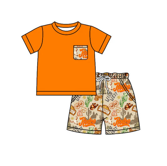 5.17 Preorder (moq 5)Baby Boys Orange Short Sleeves Pocket Top Cactus Hats Shorts Wild Western Set