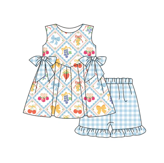 5.17 Preorder (moq 5)Baby Girls Blue Sleeveless Bows Strawberry Plaid Tunic Ruffle Shorts Set