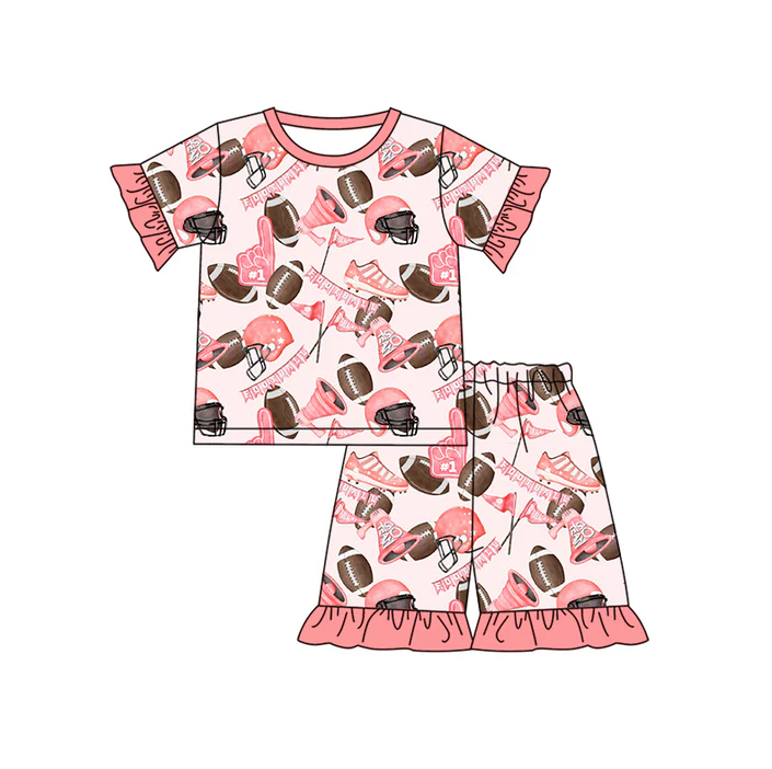 5.17 Preorder (moq 5)Baby Girls Pink Short Ruffle Sleeves Footballs Flags Top Short Pajamas Set