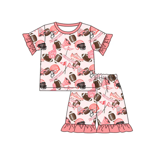 5.17 Preorder (moq 5)Baby Girls Pink Short Ruffle Sleeves Footballs Flags Top Short Pajamas Set