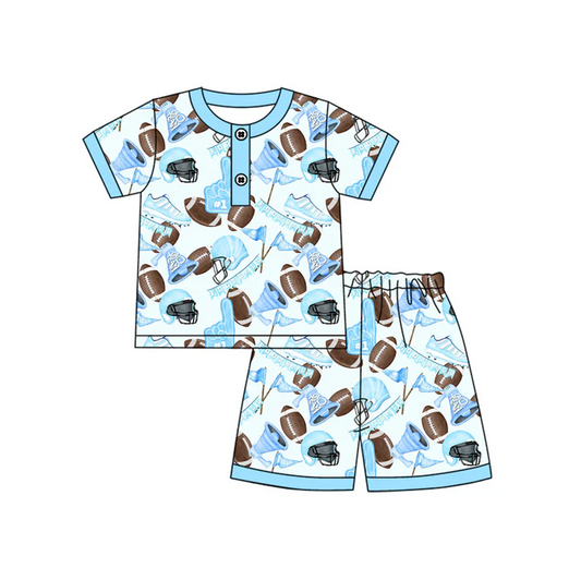 5.17 Preorder (moq 5)Baby Boys Blue Short Sleeves Button Footballs Flags Top Short Pajamas Set