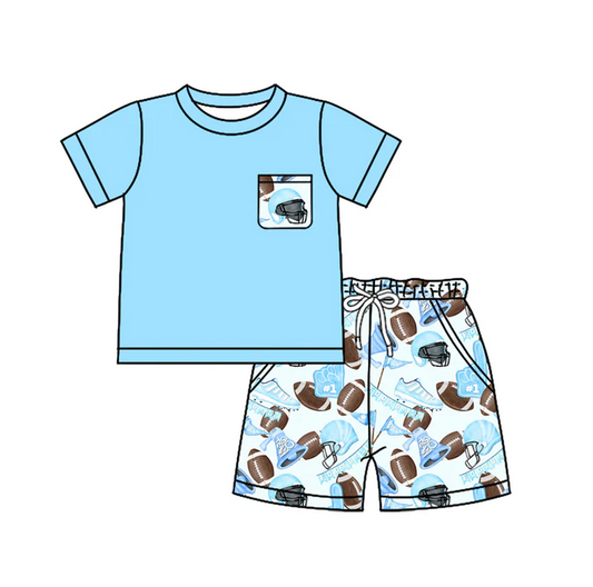 5.17 Preorder (moq 5)Baby Boys Blue Short Sleeves Pocket Top Footballs Flags Short Set
