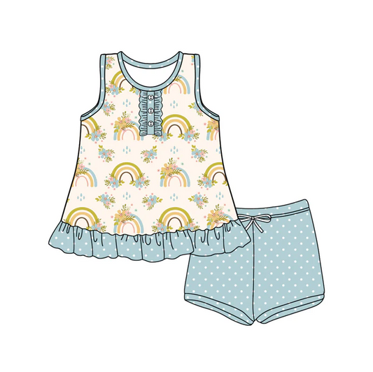 5.17 Preorder (moq 5)Baby Girls Sleeveless Button Rainbows Floral Tunic Blue Polka Dots Short Set
