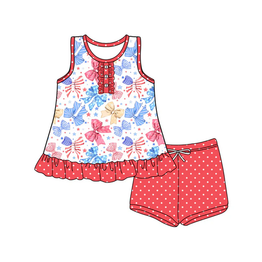 5.17 Preorder (moq 5)Baby Girls Sleeveless Button Blue Red Bows Stars Tunic Red Polka Dots Short 4th Of July Set