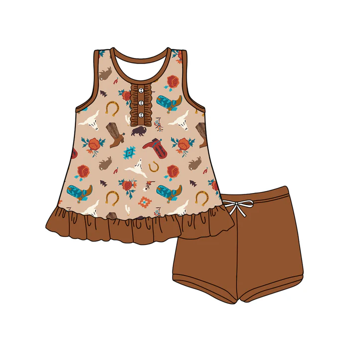 5.17 Preorder (moq 5)Baby Girls Khaki Sleeveless Button Boots Bull Skull Tunic Short Set