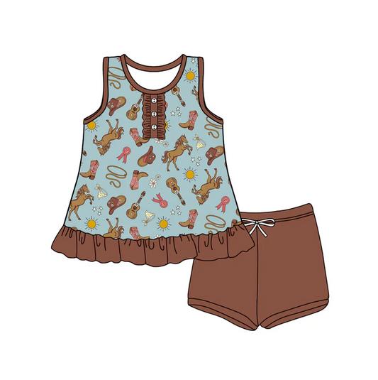 5.17 Preorder (moq 5)Baby Girls Dark Brown Sleeveless Button Boots Guitars Tunic Short Set