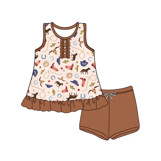 5.17 Preorder (moq 5)Baby Girls Brown Sleeveless Button Boots Cactus Tunic Short Set