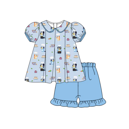 5.17 Preorder (moq 5)Baby Girls Blue Short Ruffle Sleeves Cartoon Dogs Tunic Ruffle Short Set