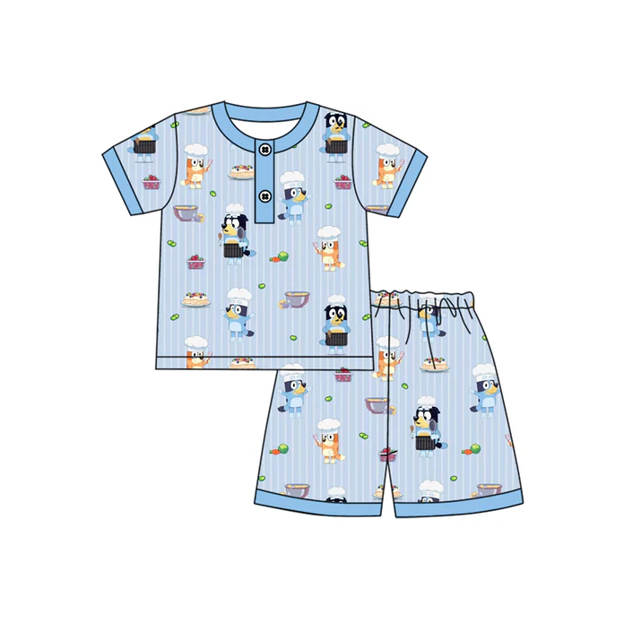 5.17 Preorder (moq 5)Baby Boys Blue Stripe Short Sleeves Button Cartoon Dogs Top Short Pajamas Set