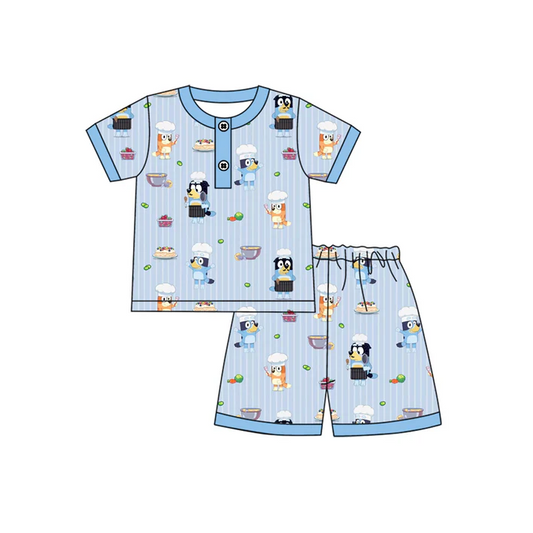 5.17 Preorder (moq 5)Baby Boys Blue Stripe Short Sleeves Button Cartoon Dogs Top Short Pajamas Set