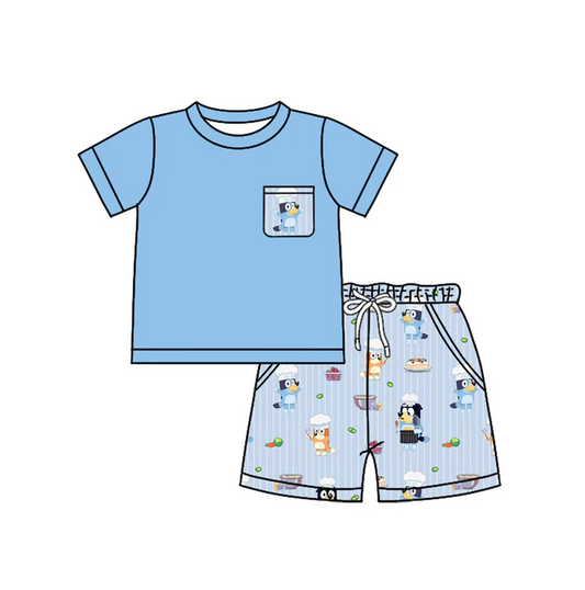 5.17 Preorder (moq 5)Baby Boys Blue Short Sleeves Pocket Top Cartoon Dogs Stripe Short Set