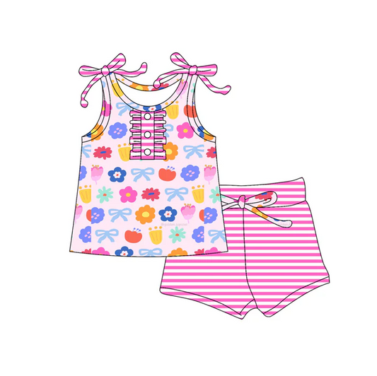 5.17 Preorder (moq 5)Baby Girls Pink Strap Button Colorful Floral Bows Tunic Stripe Short Set