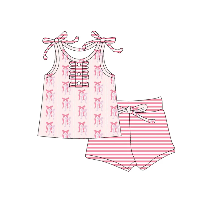 5.17 Preorder (moq 5)Baby Girls Peach Strap Button Bows Tunic Stripe Short Set