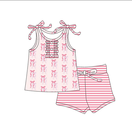 5.17 Preorder (moq 5)Baby Girls Peach Strap Button Bows Tunic Stripe Short Set