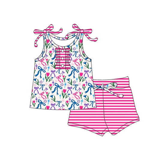 5.17 Preorder (moq 5)Baby Girls Blue Sleeveless Button Cartoon Dogs Flowers Tunic Short 4th Of July Set