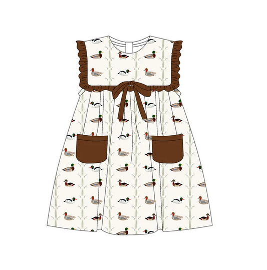 5.19 Preorder (moq 5)Baby Girls Dark Brown Sleeveless Ducks Stripe Pockets Knee Length Dresses