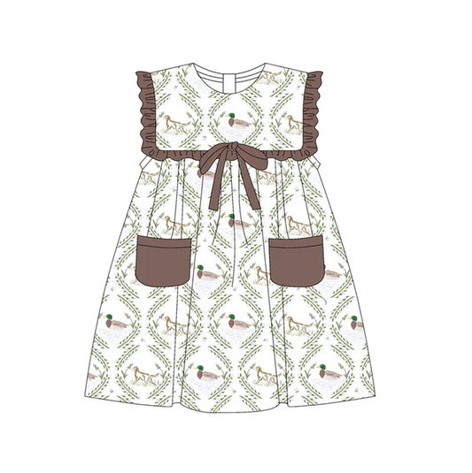 5.19 Preorder (moq 5)Baby Girls Dark Brown Sleeveless Ducks Dogs Plaid Pockets Knee Length Dresses