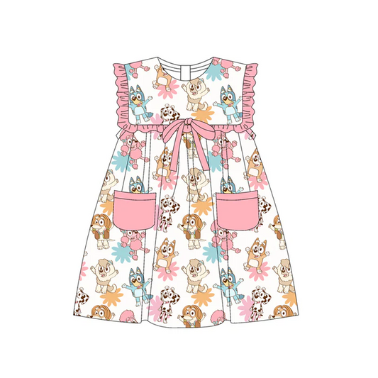 5.19 Preorder (moq 5)Baby Girls Pink Sleeveless Cartoon Dogs Flowers Pockets Knee Length Dresses