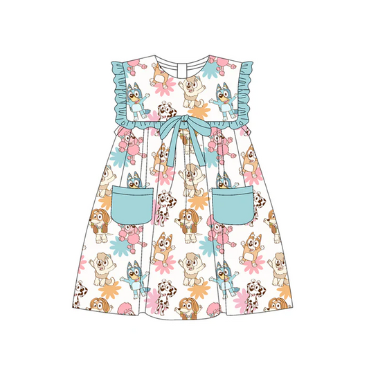 5.19 Preorder (moq 5)Baby Girls Aqua Sleeveless Cartoon Dogs Flowers Pockets Knee Length Dresses