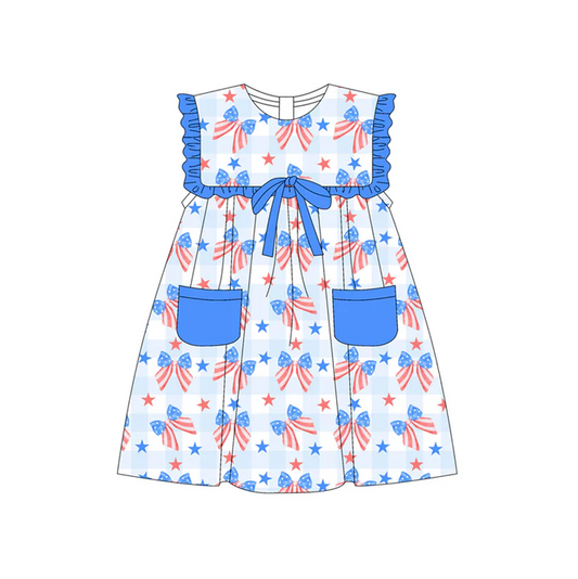 5.19 Preorder (moq 5)Baby Girls Blue Plaid Sleeveless Stars Bows Pockets 4th Of July Knee Length Dresses